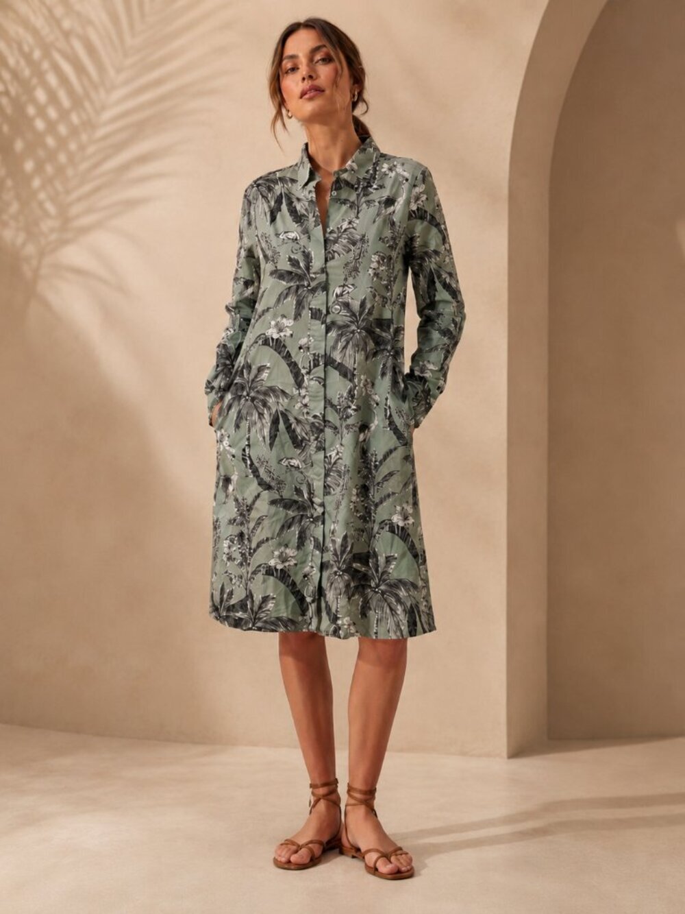 0039 ITALY Gracia New Palm Print Button Down Shirtdress Resortwear NEW NWT